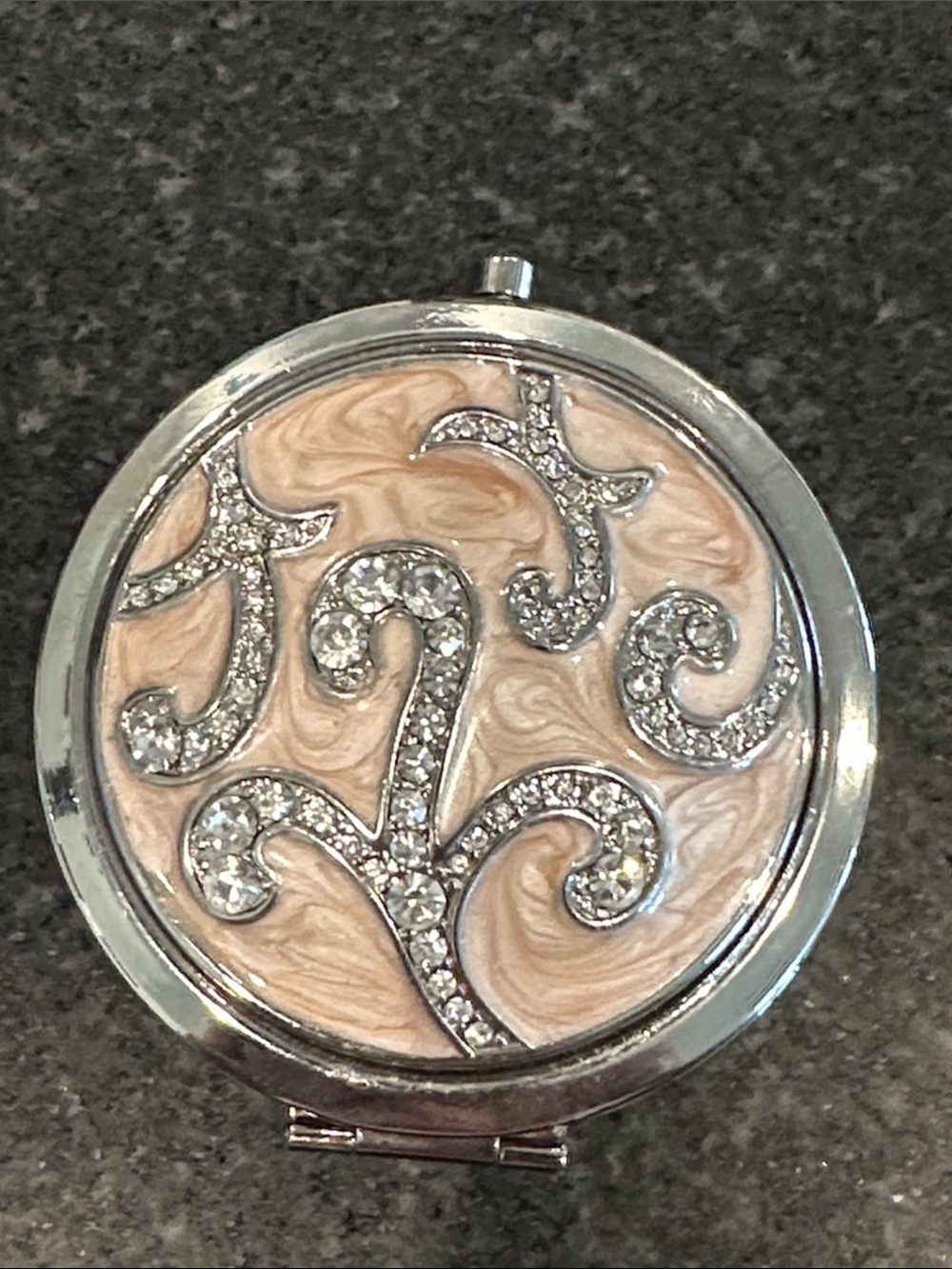 Elegant Nude Marbled Compact Mirror with Silver Crystal Scrolls